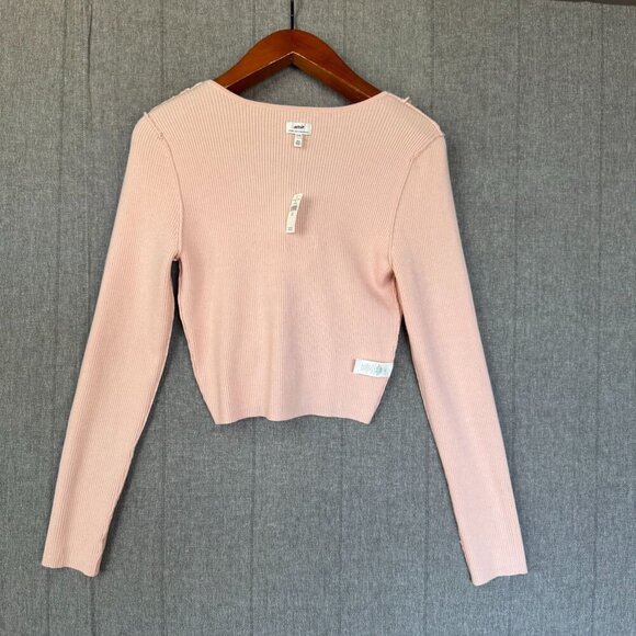 Aerie AE Pink Ribbed Knit Rosette V Neck Long Sleeve Ruche Tie Crop Sweater - Picture 8 of 17